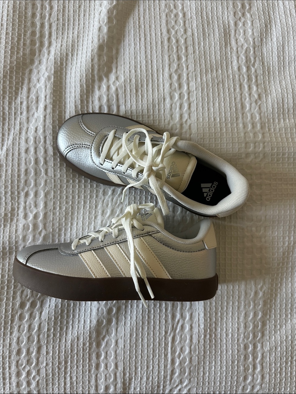 adidas Kids Silver and White Sneakers with Brown Sole